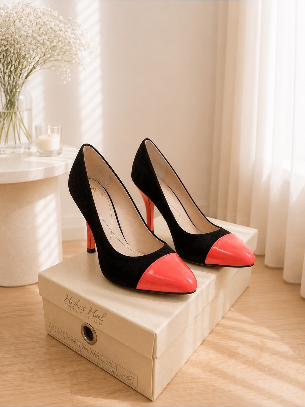 Isola Black Suede Pumps with Coral Patent Cap Toe and Heel